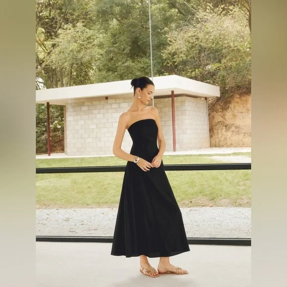 Commense Linen Blends Basic Pockets Tube Long Dress black size XS/2 - Picture 2 of 6